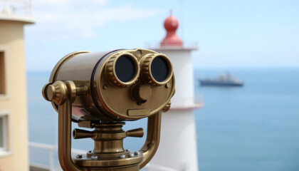 Vintage Coin-Operated Binoculars Overlooking Seascape with Lighthouse and Ship