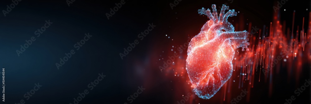 Poster Glowing Heart With Vibrant Pulse Graph Symbolizing Life and Vitality in a Darkened Space