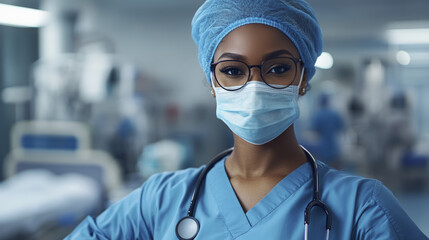 African American surgeon looks directly at the camera inside of the sterile hospital