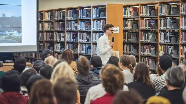 A young speaker addresses an engaged audience during a presentation in a library filled with bookshelves