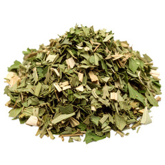Pile of herbal blend, dried green foliage for tea preparation on transparent background