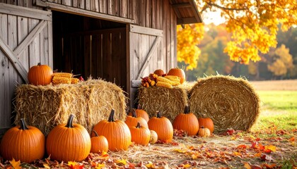 Autumn Harvest Scene with Pumpkins and Hay Bales in Barn Setting