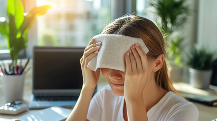 A woman sitting at a desk in an office wipes sweat from her forehead with a cloth, indicating heat or stress.