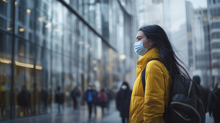 Asian woman wearing a face mask and yellow jacket stares thoughtfully among busy city pedestrians