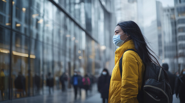 Asian woman wearing a face mask and yellow jacket stares thoughtfully among busy city pedestrians - Powered by Adobe