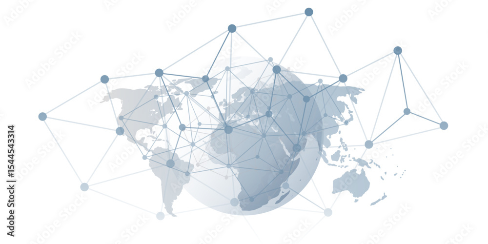 Poster abstract grey globe with 3d network points and lines connecting continents over a gray world map bac