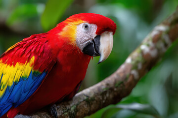 Obraz premium Brightly colored macaw perched on a branch in lush tropical environment near a rainforest