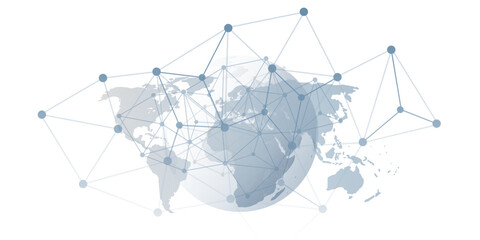 Abstract grey globe with 3d network points and lines connecting continents over a gray world map background. Modern concept for global communication, data transfer, internet and global technology.