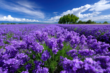 Naklejka premium Lavender fields bloom under a vibrant sky on a sunny day in summer