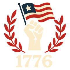 Raised fist holding American flag, 1776, red laurel wreath, graphic design