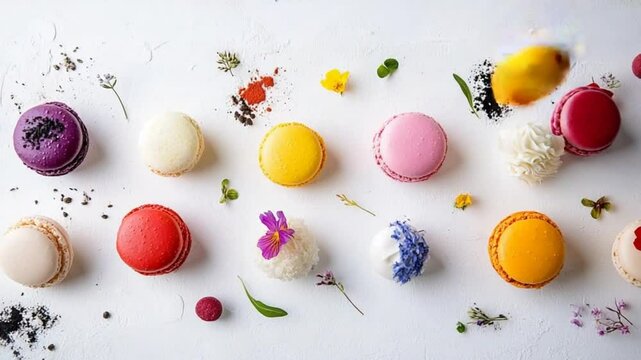 Colorful Macarons and Floral Arrangement: A Delightful Pastry Display