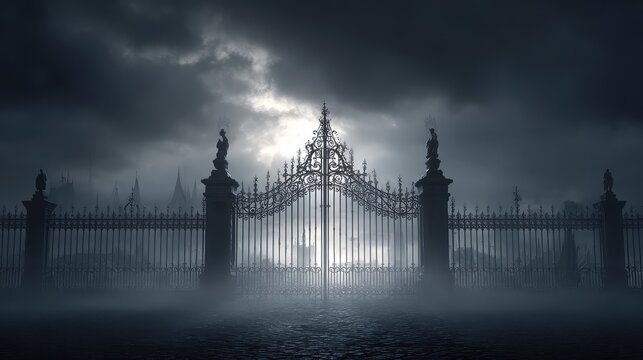 Gothic wrought iron gate leading to a foggy graveyard under a thunderous sky