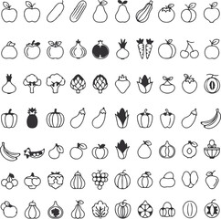 Diverse Collection of Fruits and Vegetables Graphic Icons Depicting Variety of Produce and Healthy Eating Choices in Simple Black and White Style