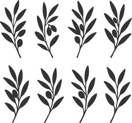 Naklejka premium Elegant Botanical Arrangement of Olive Branches A Set of Simple Dark Decorative Elements for Design Purposes