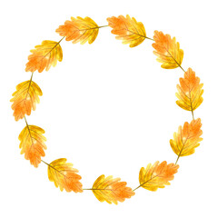 Autumn round frame with watercolor leaves on a white background. Plants arranged in a circle. Hand drawn illustration for your design, print, textile