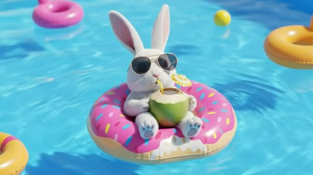 A cute bunny wearing sunglasses relaxes on a donut float in a swimming pool