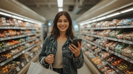 Portrait of happy woman buying groceries in supermarket and looking at camera. Purchasing Goods with Smartphone at Grocery Store. Female customer shopping with smartphone checklist