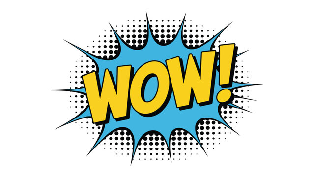 Fototapeta comic style “wow!” text with halftone background, blue burst, and retro pop art design for expression or surprise themes