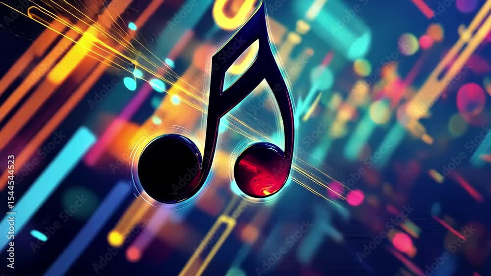 Poster vivid abstract display featuring a central music note with colorful background elements and dynamic 