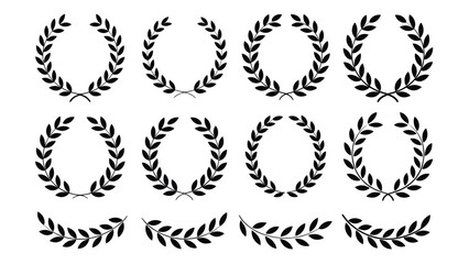 black laurel wreaths set – 10 classic circular and semi-circular victory and honor symbols isolated on white background, vector illustration