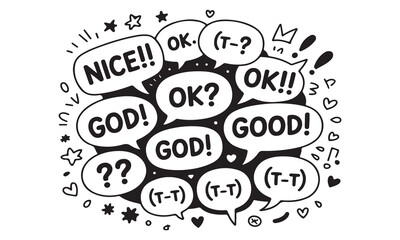 Fototapeta premium Hand drawn speech bubbles with positive words and emojis