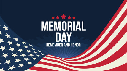 memorial day banner with american flag, stars, and "remember and honor" text on dark blue background honoring military veterans