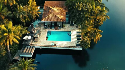 Stunning aerial view of a secluded property with swimming pool surrounded by lush greenery in Miamiorida, Aerial view of Miami in Florida