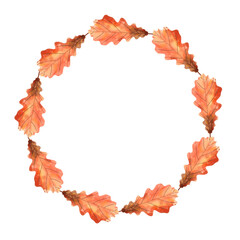 Autumn round frame with watercolor leaves on a white background. Plants arranged in a circle. Hand drawn illustration for your design, print, textile