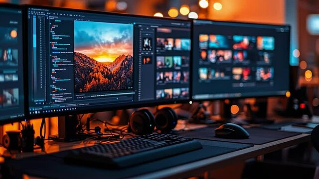 Digital Workspace: A modern workstation showcases a sleek setup of multiple computer screens displaying advanced digital software interfaces for video editing or graphic design.