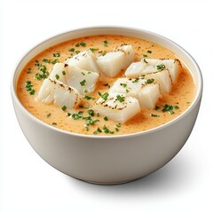 Creamy Fish Chowder with Seared Fish Cubes and Herb Garnish in Beige Bowl
