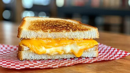 Melted golden cheese sandwich on toasted white bread served on red checkered paper against a warm wooden background - Powered by Adobe