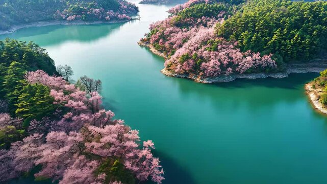 Aerial view of cherry blossom blooms along serene river landscape in springtime nature, High angle view of the beautiful cherry blossom valley, Tai Lake, Jiangsu, China