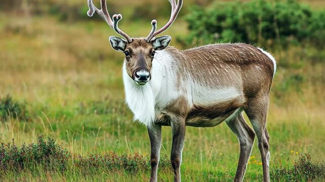 Reindeer grazing peacefully on lush grassland in a serene natural setting, Reindeer (Rangifer tarandus) on the green grassland