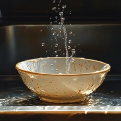 Dirty bowl filled with water splashing