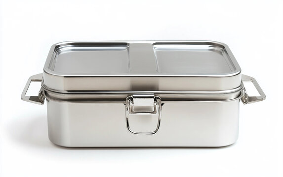 Close-up shot of a sleek stainless steel lunch box designed to keep your meals fresh and secure. Generative AI.