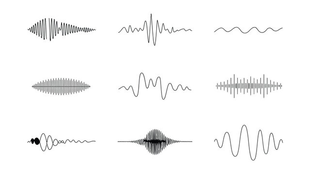 set of black sound waveforms and audio signals on white background, illustrating different frequencies, amplitudes, and patterns