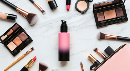 Elegant flat lay of a diverse assortment of beauty products and professional cosmetic tools arranged meticulously on a pristine white marble surface, perfect for lifestyle and glamour themes.