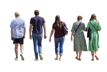 Vue de dos de trois femmes de 25 à 35 ans et deux hommes de 30 à 35 ans marchant ensemble en...