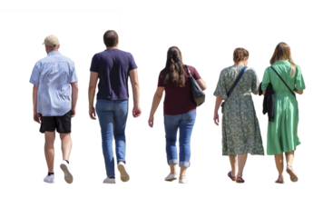 trois femmes et deux hommes vus de dos marchant ensemble en tenue estivale décontractée par une journée ensoleillée au printemps ou en été