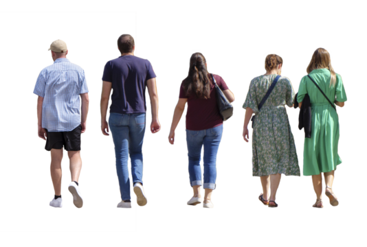 trois femmes et deux hommes vus de dos marchant ensemble en tenue estivale décontractée par une journée ensoleillée au printemps ou en été