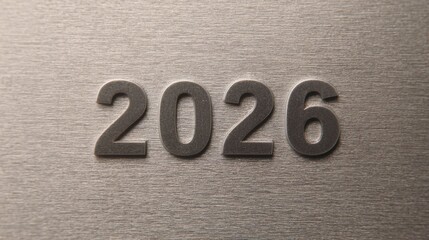 Sleek and modern 2026 sign on a brushed metal texture