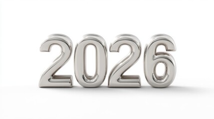 Modern 3D chrome numbers for the year 2026, isolated on a white background