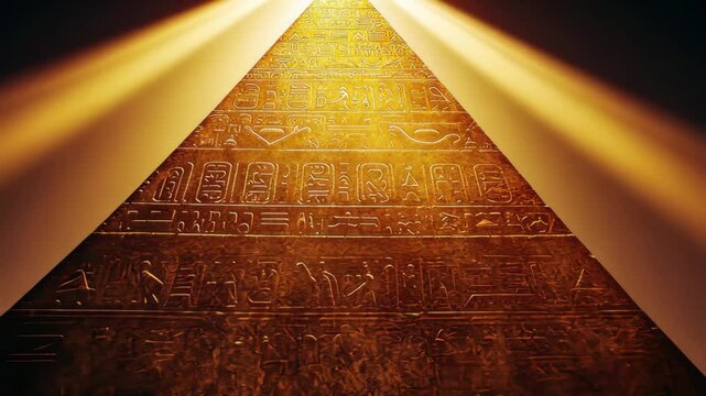 Symmetrical pyramid wall symbols illuminating under warm sunlight inside ancient Egyptian structure, Pyramid Wall Symbols In Sun Glow