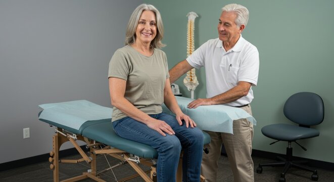 Patient smiles as doctor places hand on examination table