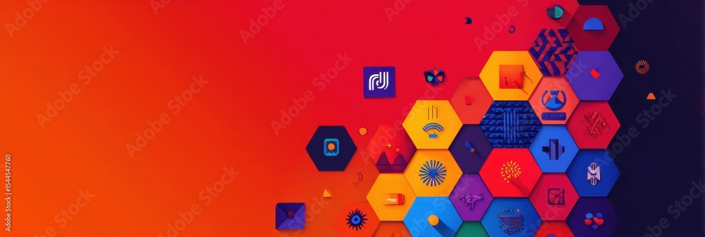 Poster Color-block Design Featuring Illustrative Icons Arranged in Hexagons Creating a Vibrant and Modern Visual Appeal for Creative Projects