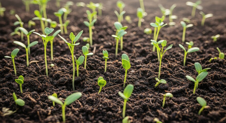 Obraz premium Vibrant young green sprouts flourishing in fertile dark soil, capturing the essence of new beginnings, growth, and sustainable agriculture in a close-up garden view.