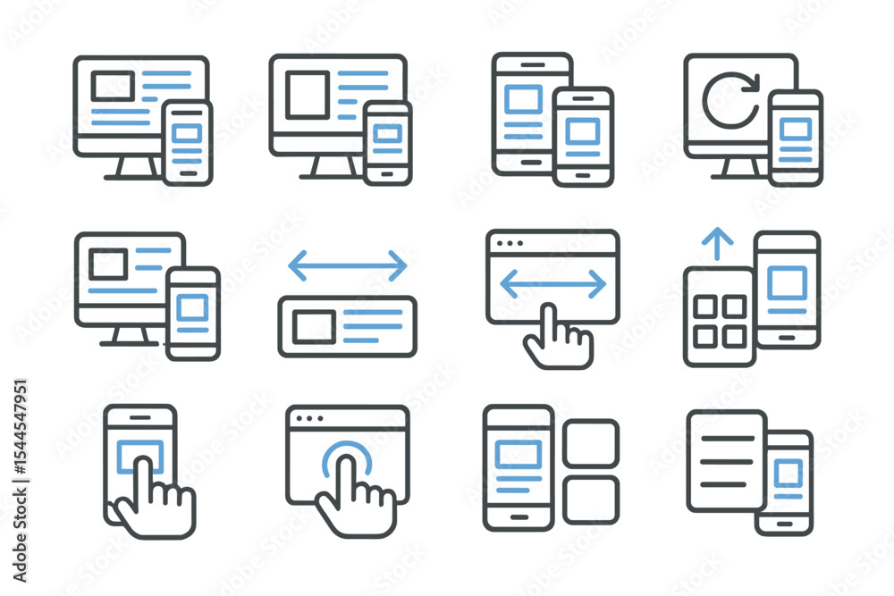Fototapete glow icons of responsive website and mobile interface designs on dark background