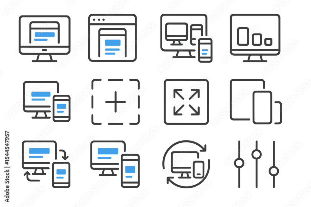 Fototapete Responsive web design icons set on dark background with grid layout