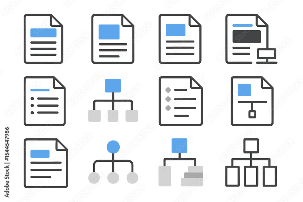 Poster abstract digital document icons with hierarchical structures on dark background