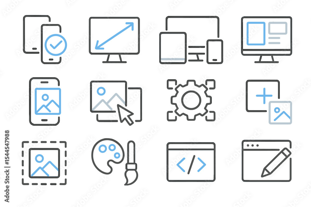 Poster digital interface icons for web development and design with glowing blue elements